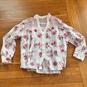 White Gauze Button-Front Blouse with Red Bird Embroidery